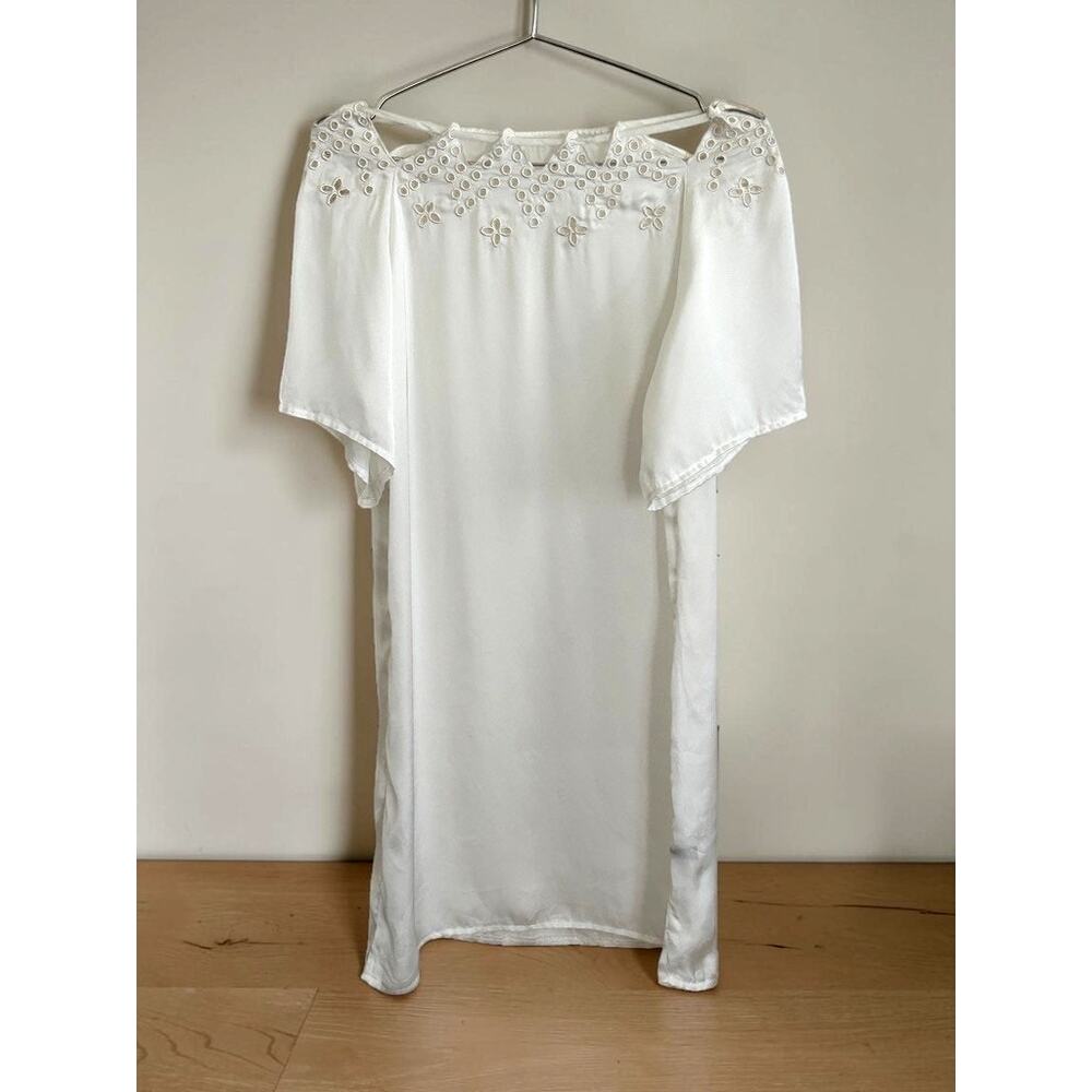 Vintage Y2K 100% Silk Mini Dress White Broderie Anglaise Cutwork Yoke S